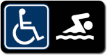 PISCINA ADAPTADA / ACCESIBLE - Pictograma normalizado en alto relieve y contraste crom&aacute;tico. Cumple con SUA 9 (CTE). 85x170mm